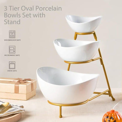 3 Tier Chip and Dip Serving Set Porcelain Oval Bowls with Metal Stand