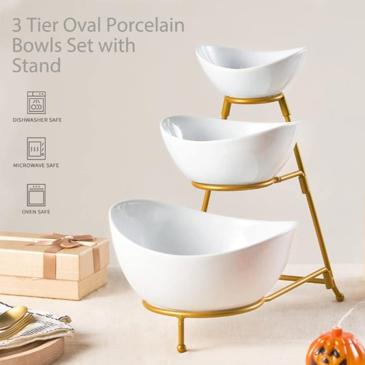 3 Tier Chip and Dip Serving Set Porcelain Oval Bowls with Metal Stand