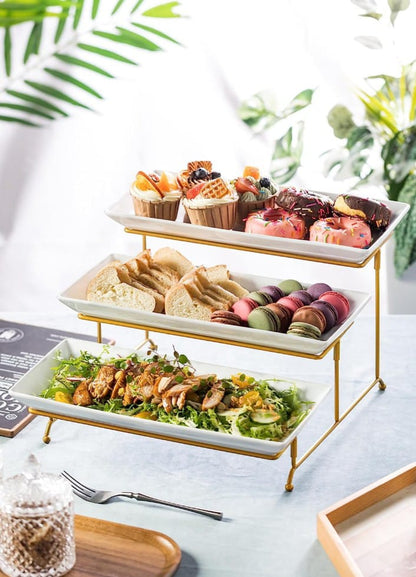 3 Tier Serving Tray with Golden Stand White Ceramic