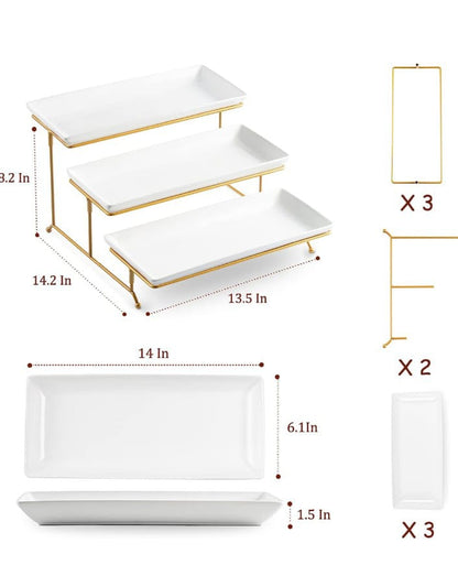 3 Tier Serving Tray with Golden Stand White Ceramic