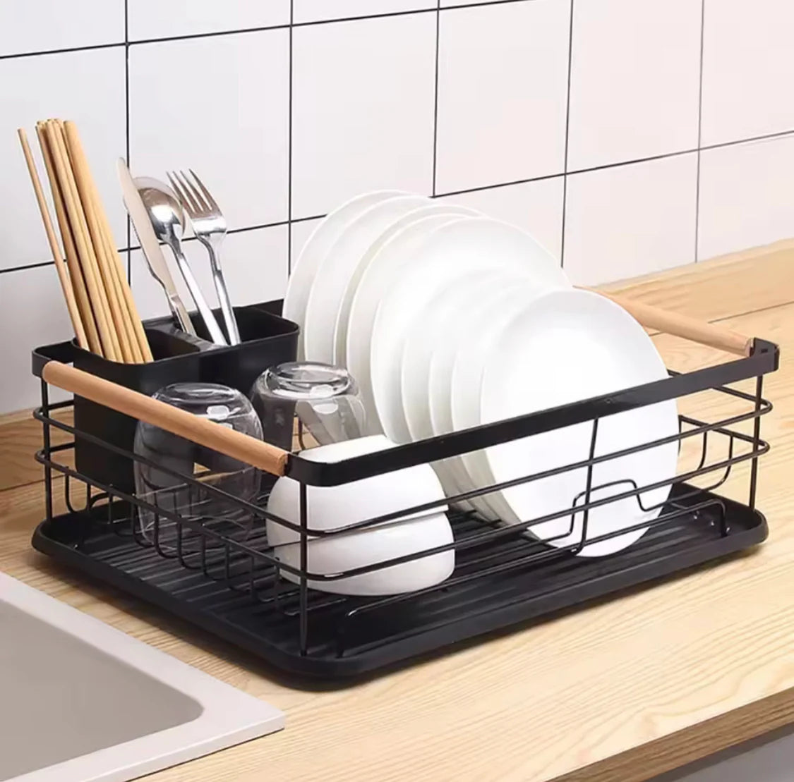 Stainless Steel Kitchen Dish Storage Rack with Wooden Handles and Utensil Holder