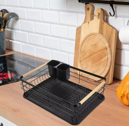 Stainless Steel Kitchen Dish Storage Rack with Wooden Handles and Utensil Holder