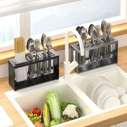 Acrylic Cutlery Holder with Metal Stand Multi-Grid Kitchen Organizer & Makeup Brush Storage Rack