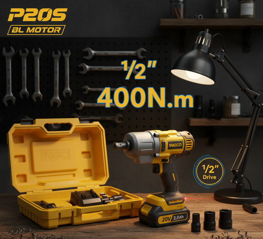 SUPER INGCO CIWLI2040 – 20V Cordless Impact Wrench | Brushless Motor | 400Nm Torque | 2 Batteries + Charger Included