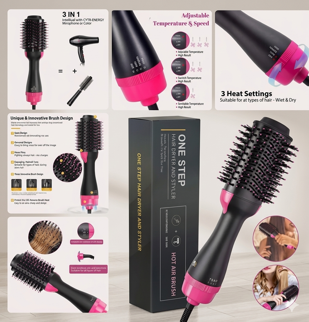 3-in-1 One Step Hot Air Brush Hair Dryer Straightener Comb Styling Brush