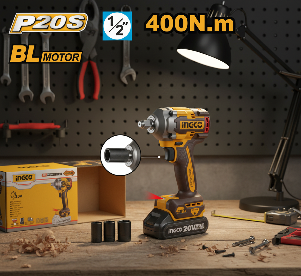 SUPER INGCO CIWLI20401 – 20V Cordless Impact Wrench 1/2" Brushless Motor 400Nm Torque with 3 Sockets