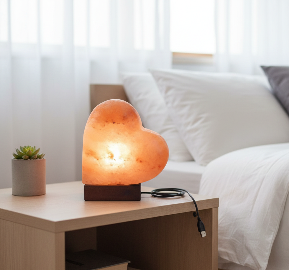 Salt USB Lamp (Heart) – Handcrafted with Natural Wooden Base & USB Powered LED