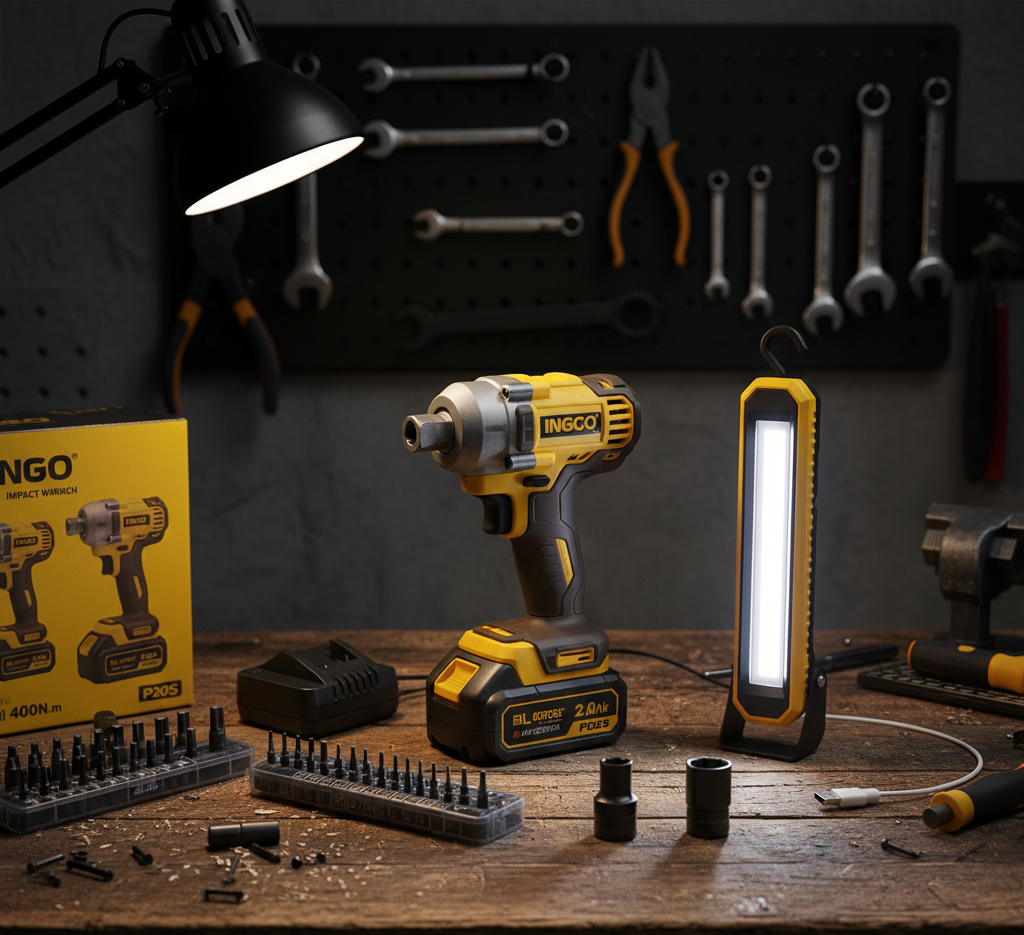 SUPER INGCO COSLI23048 – 20V Cordless Combo Kit: Impact Wrench CIWLI20401 + Work Lamp HWLI35261