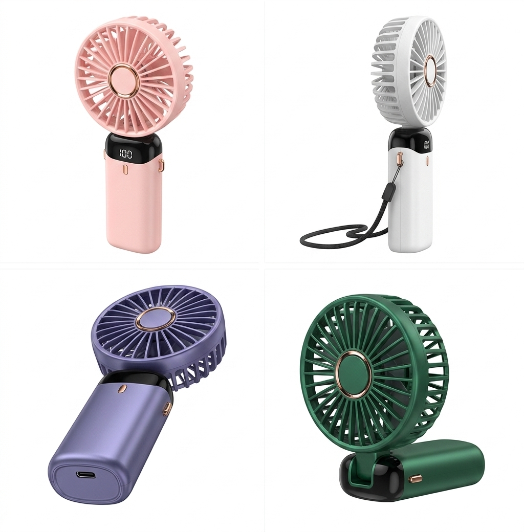 Portable Mini USB Handheld Fan 4 Speed LED Digital Display Folding Rechargeable Fan with Lanyard