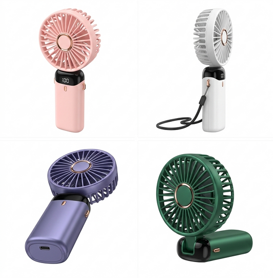 Portable Mini USB Handheld Fan 4 Speed LED Digital Display Folding Rechargeable Fan with Lanyard
