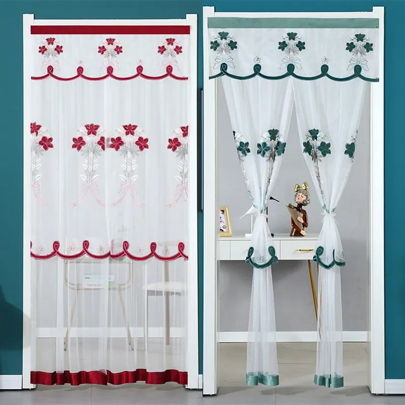 Purilite Select | Punch-Free Mosquito Screen Door Curtain | Double Layer Lace Lily Embroidered Net Curtain