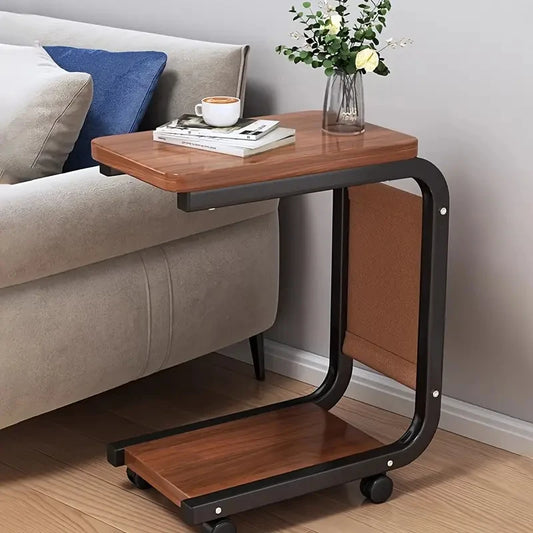 Purilite Select C-Shape Coffee Table with 360° Wheels | Portable Sofa Side Table with Storage | Minimalist Modern Living Room Table | Walnut & Wood Finish