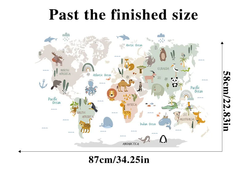 Purilite Select Kids Room Cartoon Animal World Map Wall Sticker