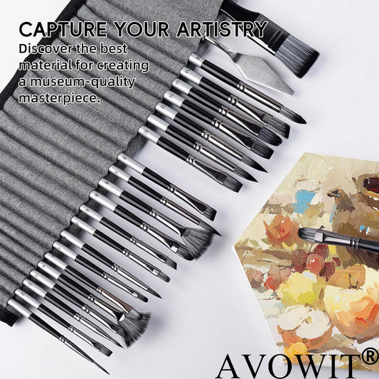 Purilite Select 24pcs Portable Acrylic Paint Brush Set – Oil Painting, Watercolor & Powder with Cloth Roll and Painting Knives