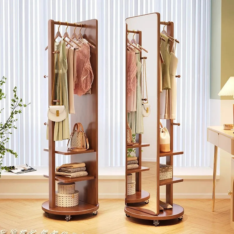 Purilite Select Rotatable Full-Length Floor Mirror with Storage Rack – Solid Wood Bedroom Dressing Mirror with Hanging Hanger