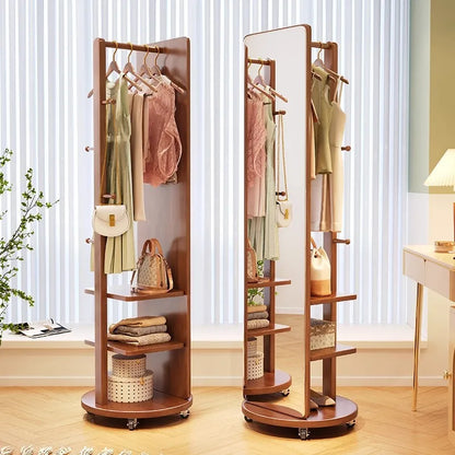 Purilite Select Rotatable Full-Length Floor Mirror with Storage Rack – Solid Wood Bedroom Dressing Mirror with Hanging Hanger