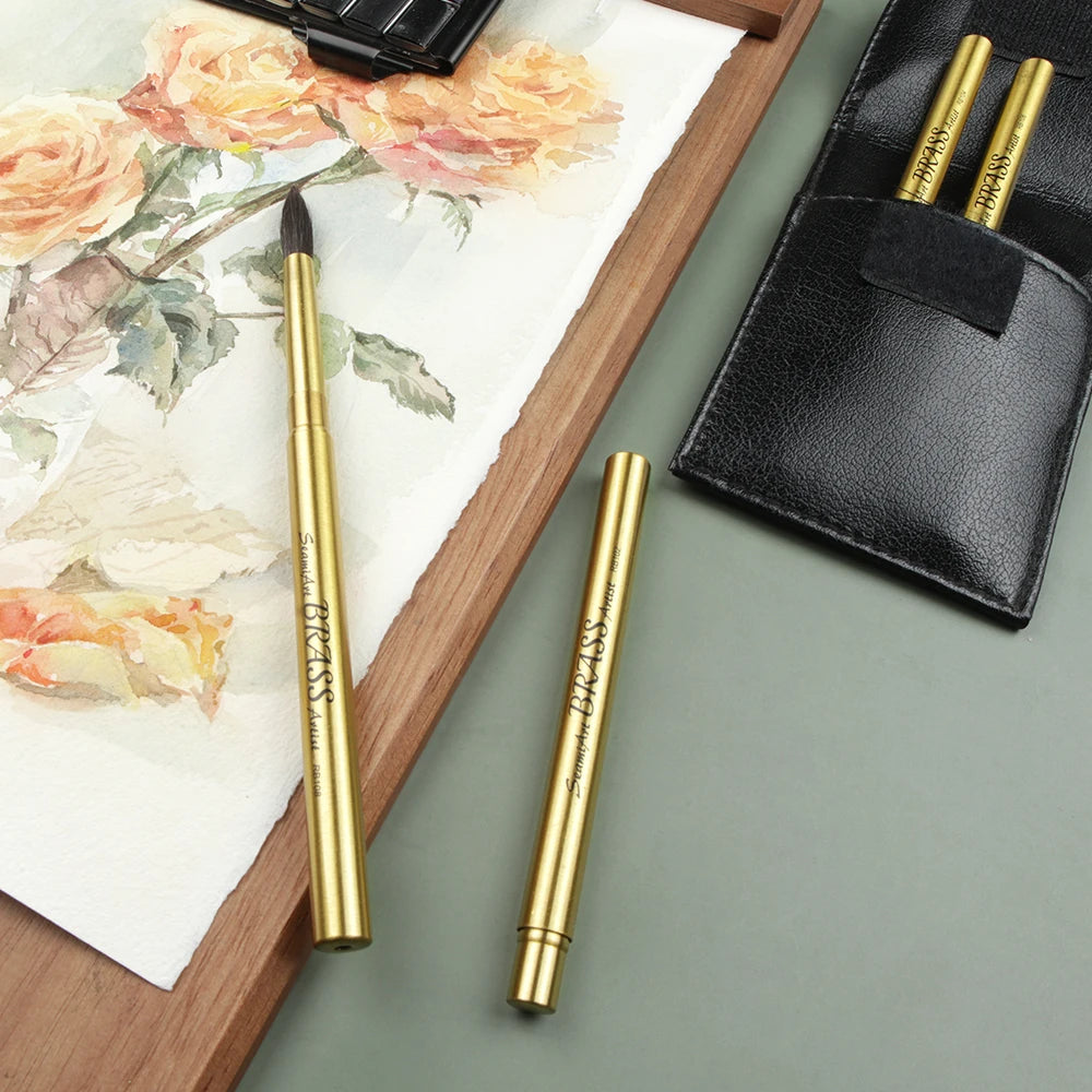 Purilite Select 4pcs Brass Travel Pen Portable Divisible Watercolor Brush Set with PU Bag – Ideal for Painting & Nail Art