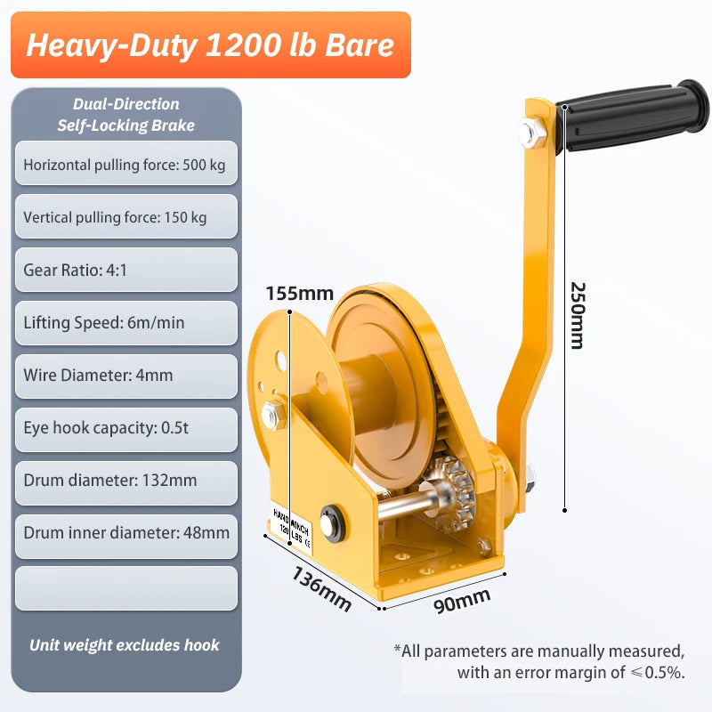 Purilite Select Small Hand Winch Heavy Duty Self-Locking Rope Crank | 1200 lbs Two-Way Locking | Trailer Boat ATV Towing Hoist