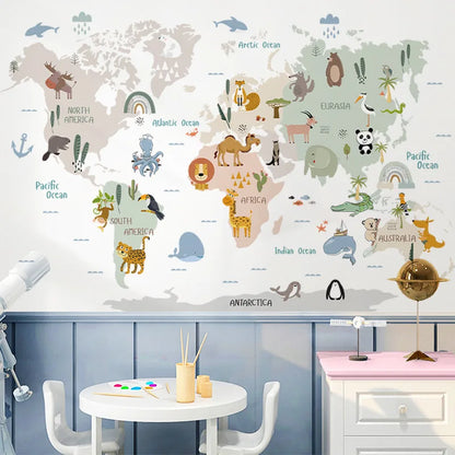 Purilite Select Kids Room Cartoon Animal World Map Wall Sticker