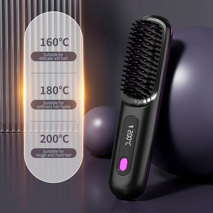 Purilite Select Electric Ceramic Heating Straight Hair Comb Wireless Portable Negative Ion Styling Tool Rechargeable USB Straightening Brush