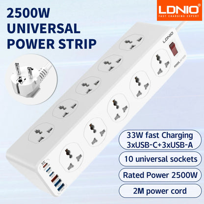 Purilite Select | LDNIO Multi 10-Outlet Power Strip | Universal Socket with USB-C PD & QC Fast Charging | 33W | 2m Extension Cable | Surge Protector