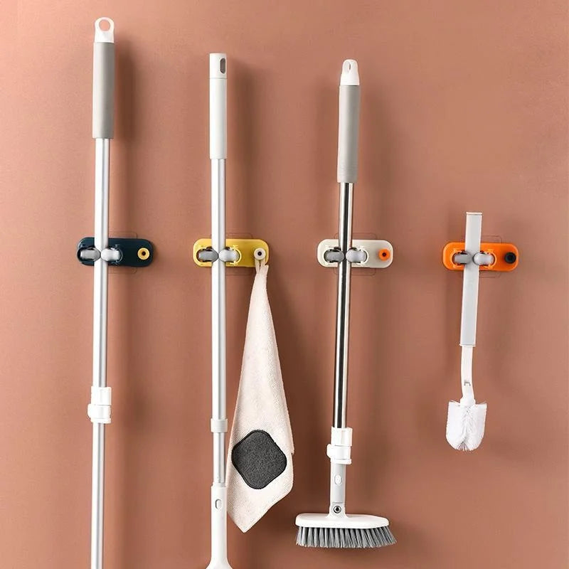 Purilite Select Waterproof Mop Hanger Nail-Free Self-Adhesive Wall Mount Mop Holder, Multifunctional Broom Clip Organizer for Bathroom, Kitchen & Home Storage