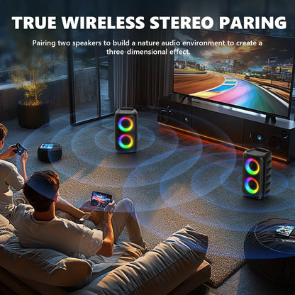 The HY-3317 wireless speaker is equipped with a subwoofer, a free microphone, and cinema grade surround sound