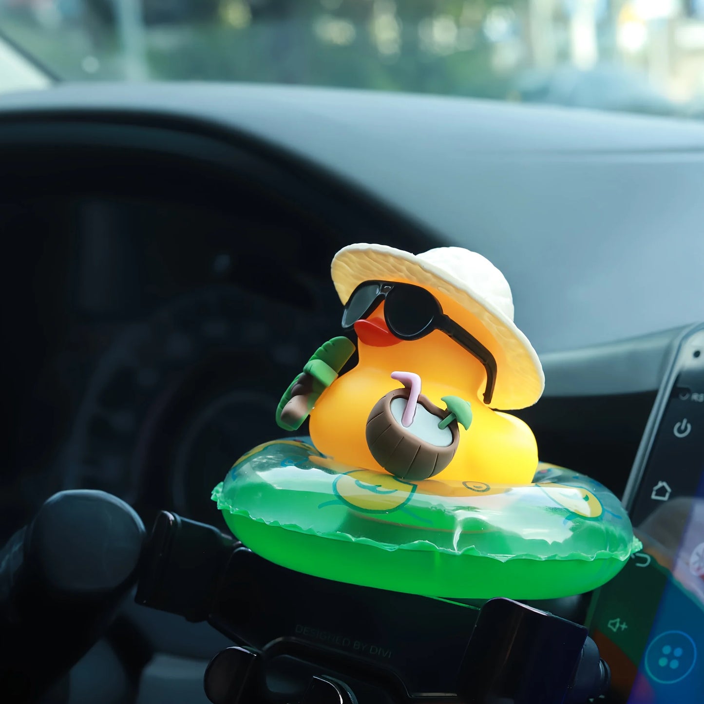 Purilite Select Tropical Rubber Duck Car Dashboard Ornament Set of 3 with Sunglasses and Coconut Float Decorative Interior Accessories