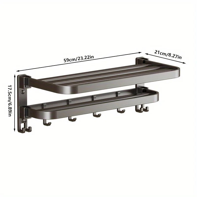 Purilite Select 2-Layer Wall Mounted Towel Rack | Foldable Aluminum Bathroom Rack | Modern Bathroom Organizer | Towel Holder with Hooks | Space-Saving Bathroom Storage