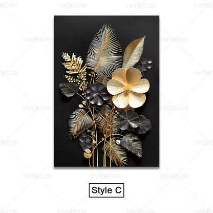 Purilite Select Luxury Black & Gold Plant Leaves Canvas Print