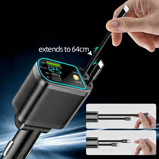 Purilite Select 66W Fast Charging Car Charger with Retractable Cable – USB Type-C PD Multiport Charger, LED Voltage Display & Universal Car Adapter