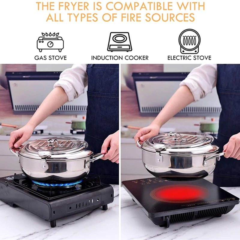 Purilite Select Deep Frying Pot with Thermometer | Stainless Steel Tempura Fryer Pan with Lid | Induction & Gas Compatible