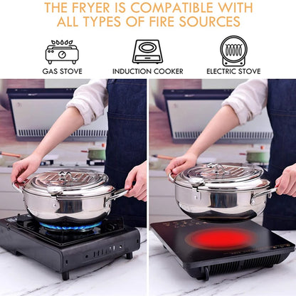 Purilite Select Deep Frying Pot with Thermometer | Stainless Steel Tempura Fryer Pan with Lid | Induction & Gas Compatible