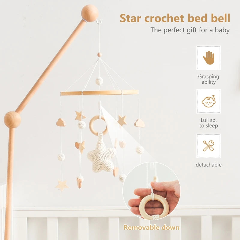 Purilite Select Wooden Baby Crib Mobile | Crochet Star Hanging Bed Bell | Nursery Rattle Decoration | Newborn Comfort Toy