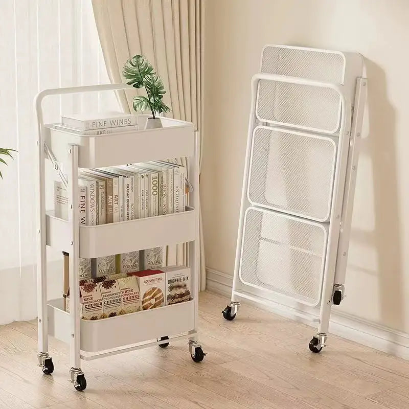 Purilite Select Carbon Steel Foldable 3-Tier Rolling Storage Cart Multi-Layer Floor Stand Organizer with Wheels
