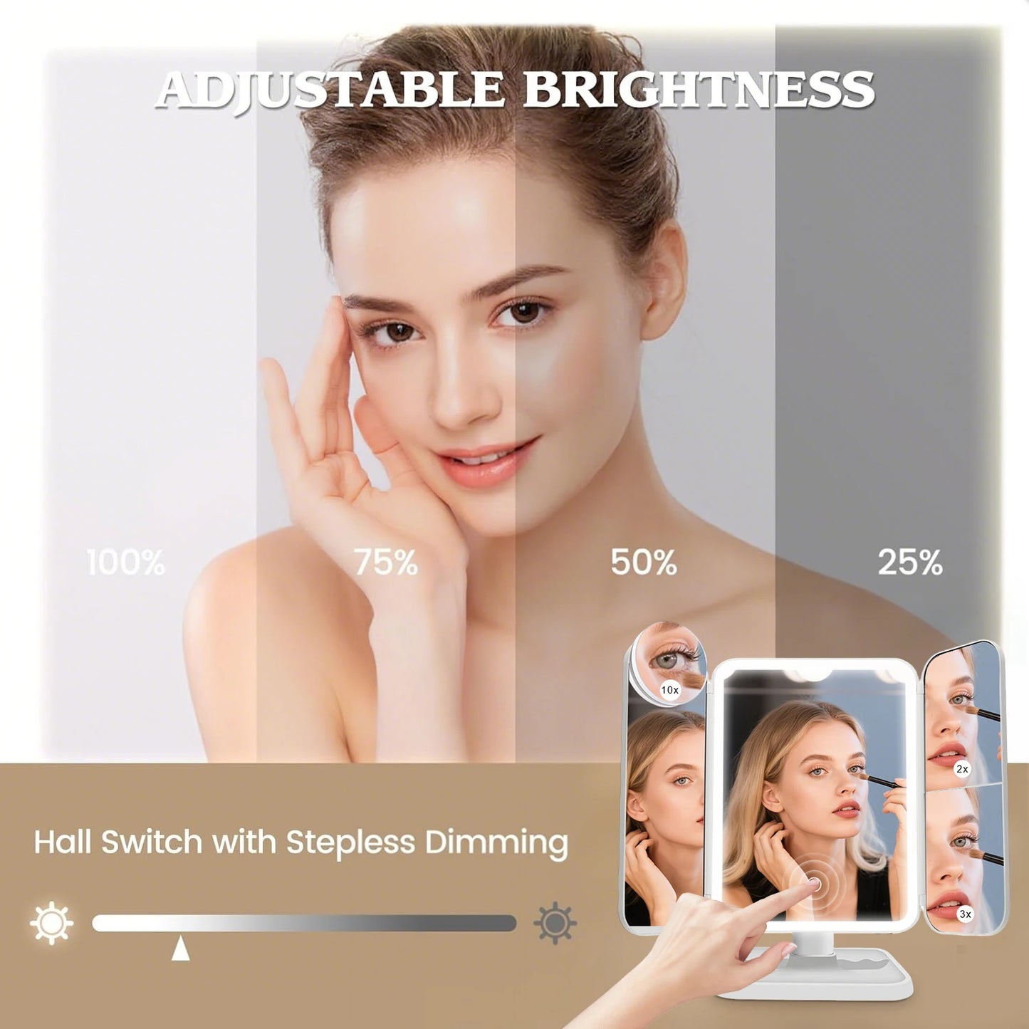 Purilite Select Trifold Makeup Mirror LED Lights | Smart Beauty Light-Up Mirror | Dorm Dressing and Complementary Fill Light