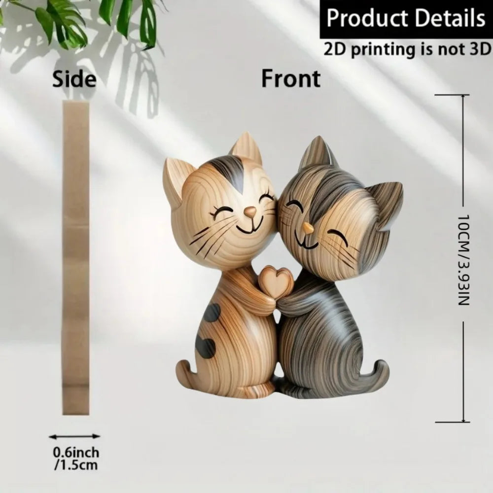 Wooden Kitten Couple Sculpture Charming 2D Flat Cat Enthusiast Gift Light and Dark Wood Grain Desktop Entrance Home Decoration