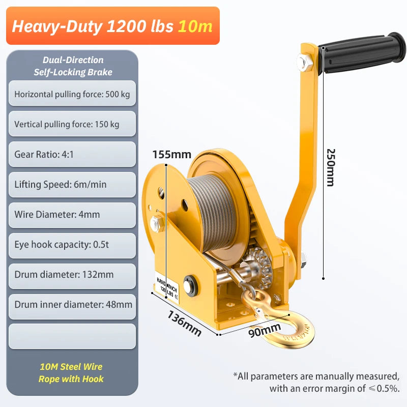 Purilite Select Small Hand Winch Heavy Duty Self-Locking Rope Crank | 1200 lbs Two-Way Locking | Trailer Boat ATV Towing Hoist