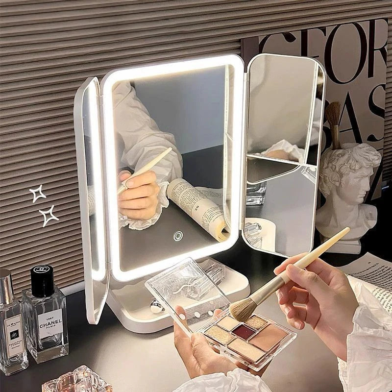 Purilite Select Dual Door 3-Fold Makeup Mirror | LED Touch Control Vanity Mirror | 360° Rotating Desktop Beauty Mirror
