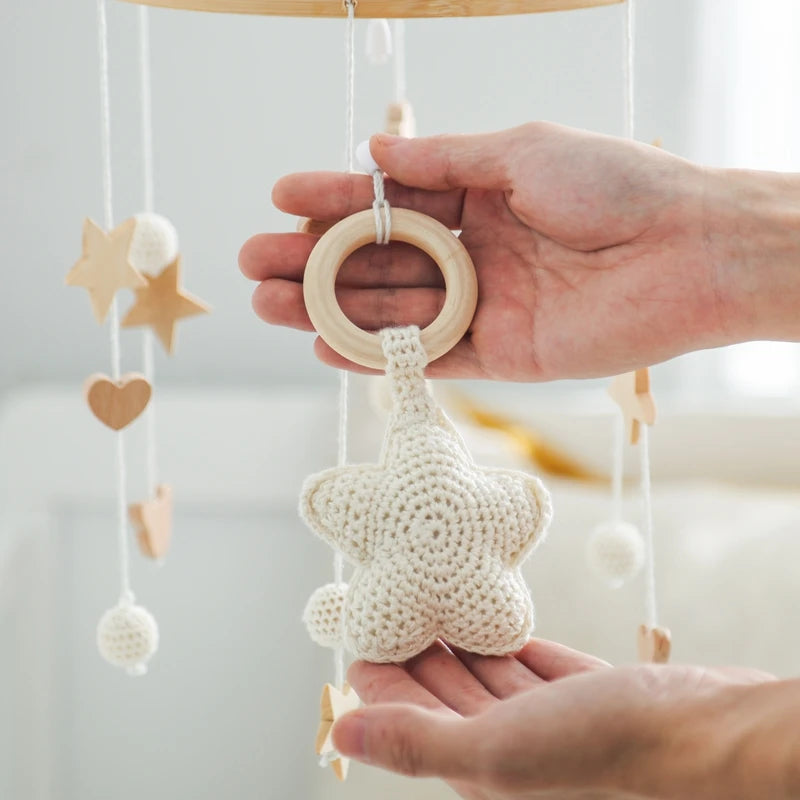 Purilite Select Wooden Baby Crib Mobile | Crochet Star Hanging Bed Bell | Nursery Rattle Decoration | Newborn Comfort Toy