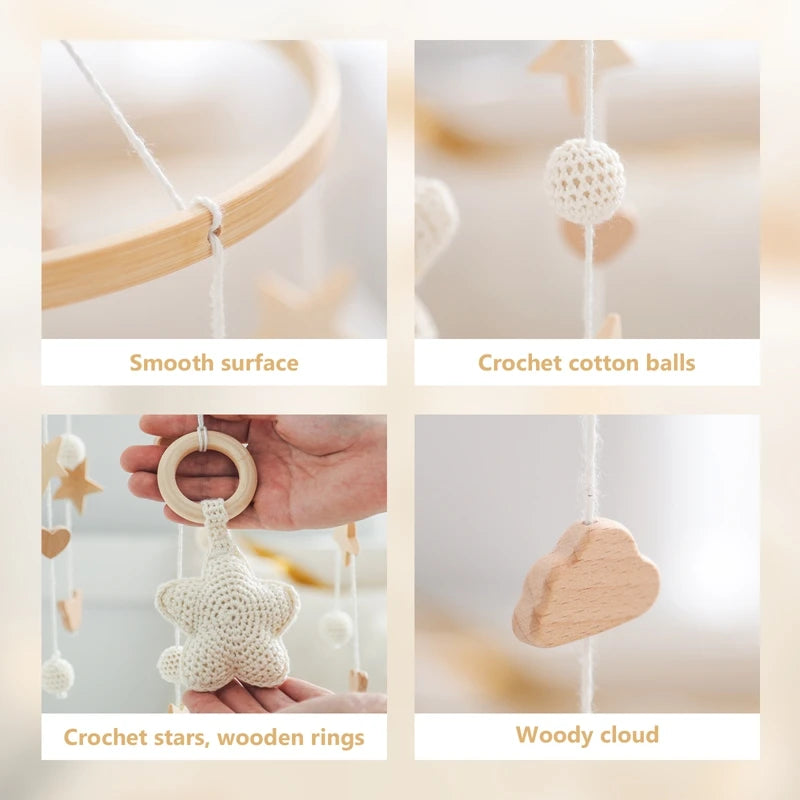 Purilite Select Wooden Baby Crib Mobile | Crochet Star Hanging Bed Bell | Nursery Rattle Decoration | Newborn Comfort Toy