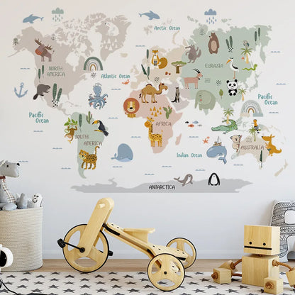 Purilite Select Kids Room Cartoon Animal World Map Wall Sticker