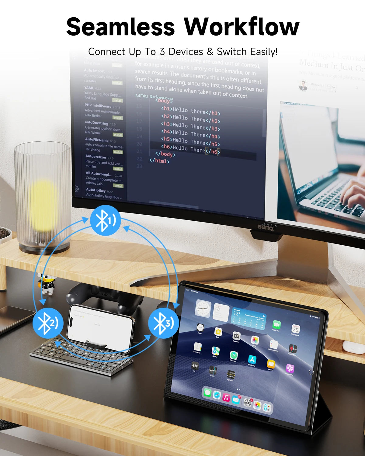 Purilite Select Portable Foldable Bluetooth Keyboard | Wireless Mini Keypad | Hidden Stand | Rechargeable | Multi-Device Compatible