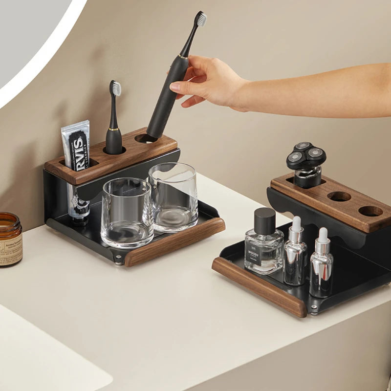 Purilite Select | Walnut Electric Toothbrush Holder | Bathroom Vanity Tooth Cup & Organizer