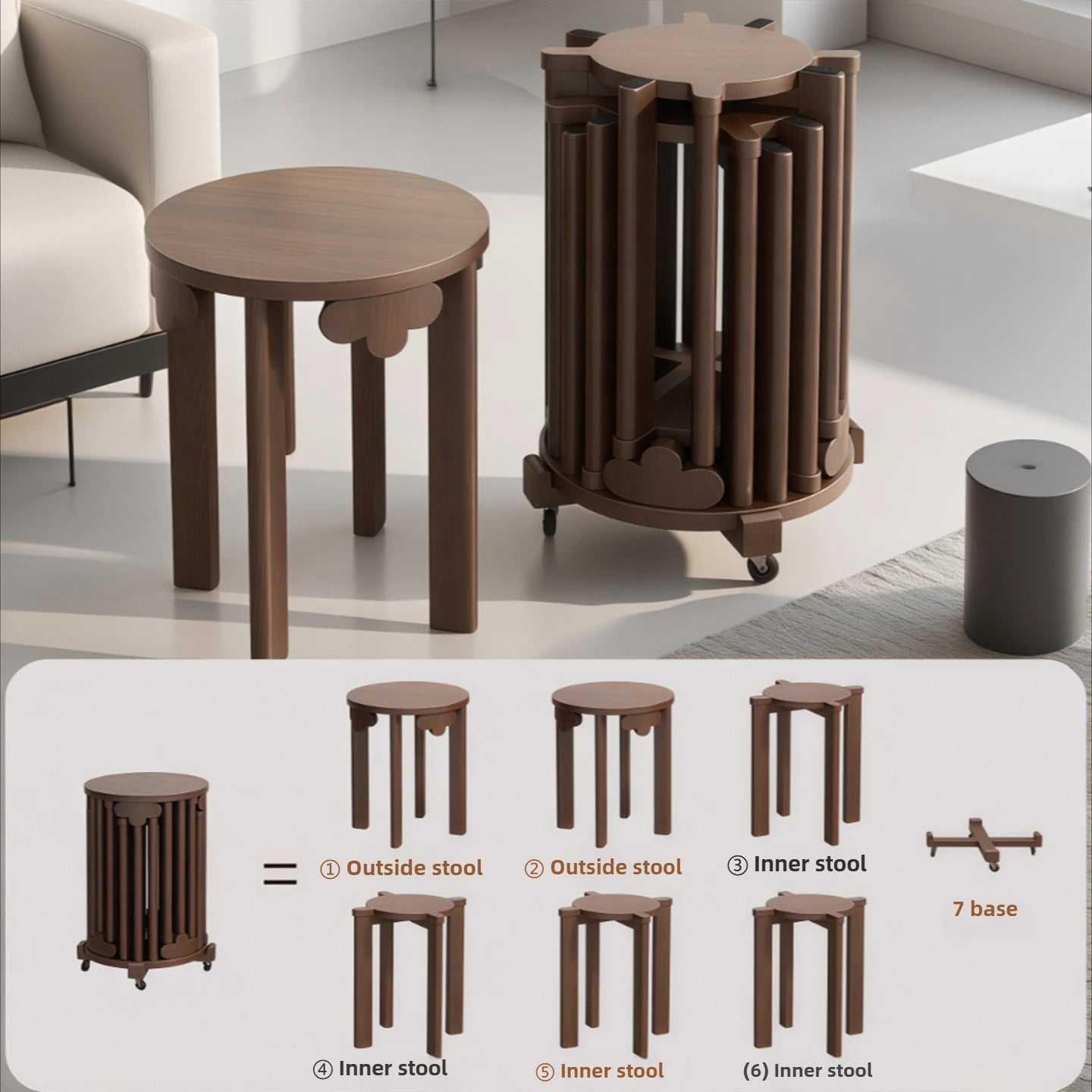 Purilite Select Solid Wood Round Stool | Stackable Dining Table Stool | Living Room Coffee Table Small Chair