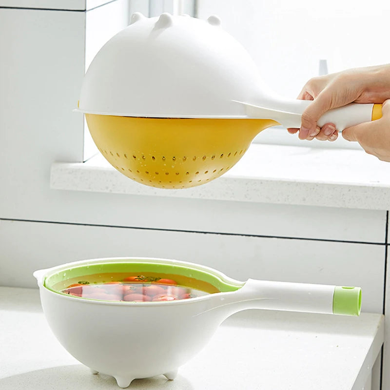 Purilite Select Double Layer Rotatable Drain Basket with Handle for Fruit Washing Vegetable Cleaning and Kitchen Storage