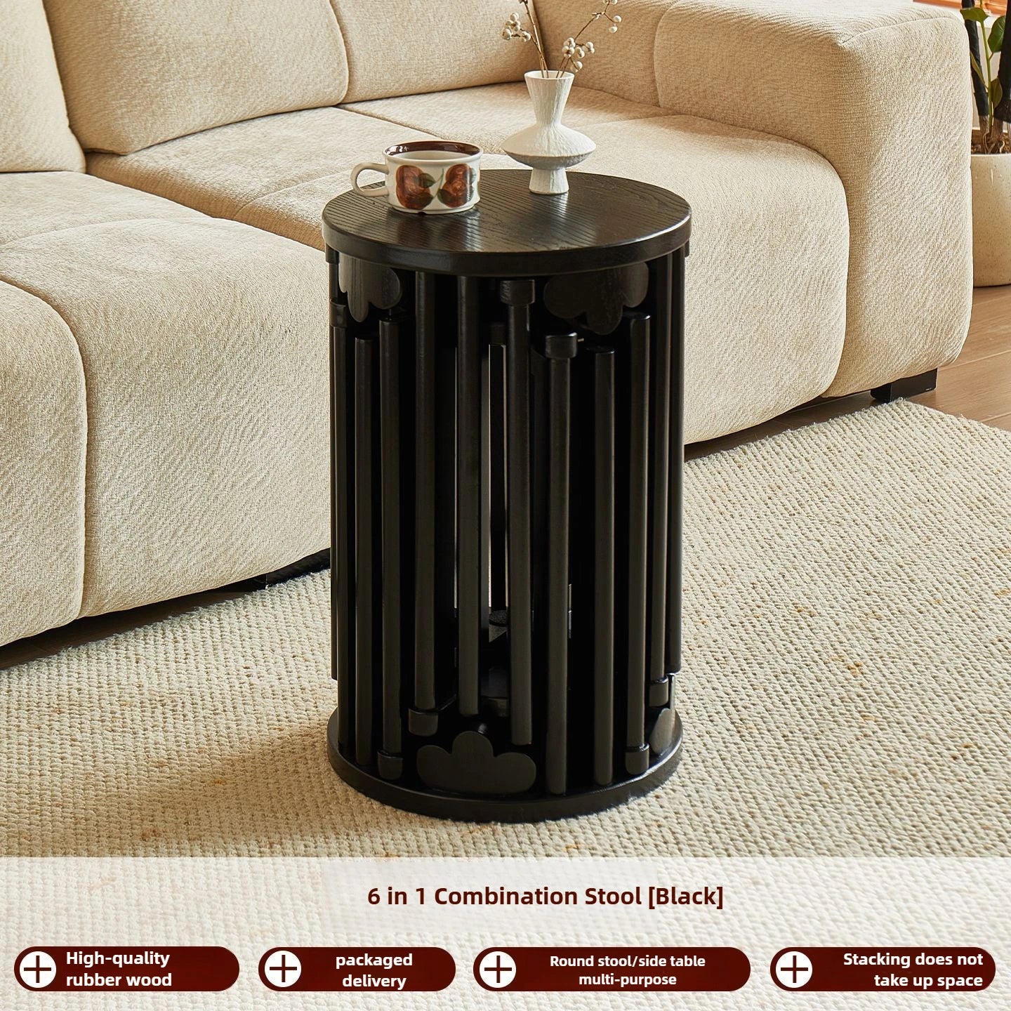 Purilite Select Solid Wood Round Stool | Stackable Dining Table Stool | Living Room Coffee Table Small Chair