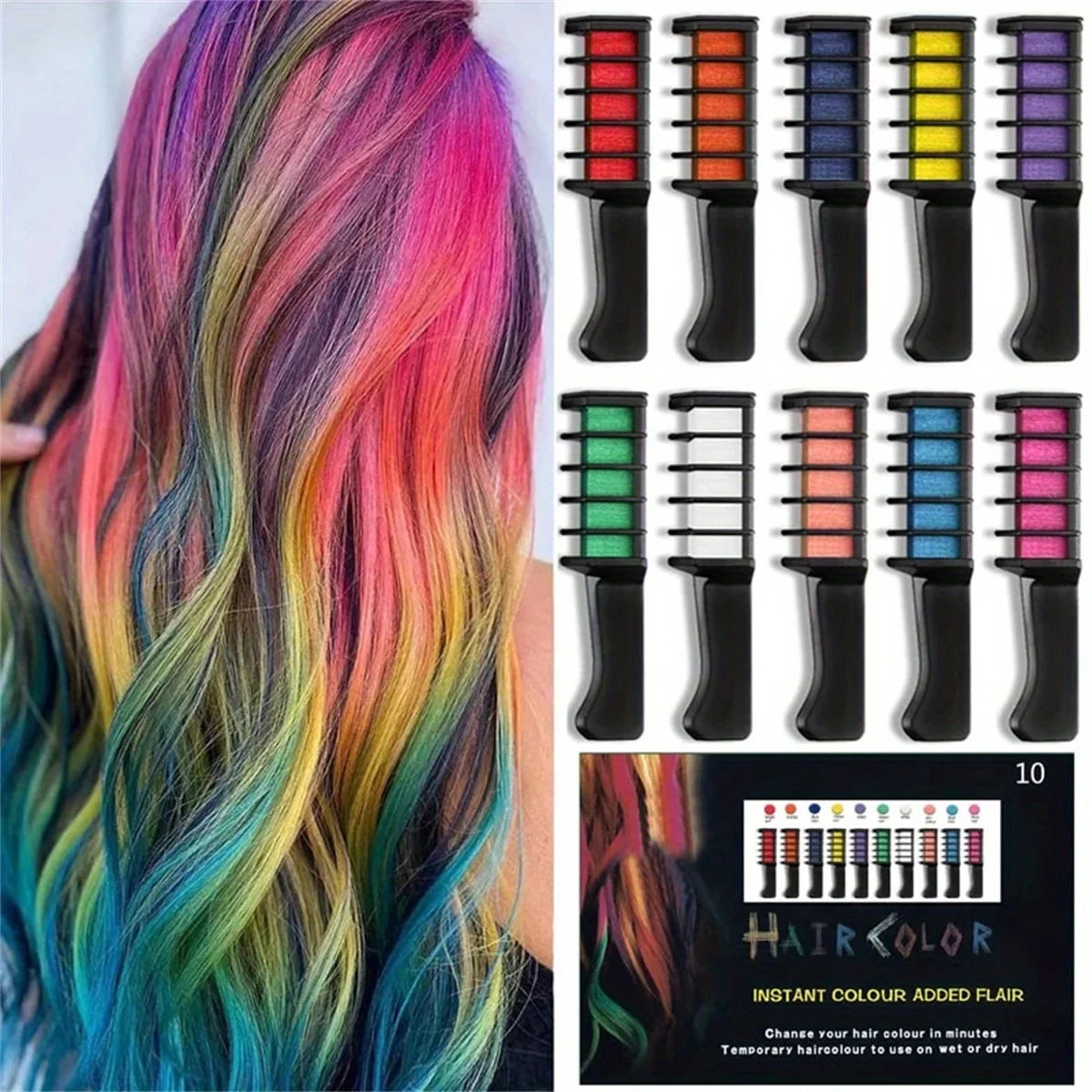 Purilite Select | Temporary Hair Dye Chalk Comb Set 10 Colors | Washable Hair Coloring Kit | Portable Styling Tool