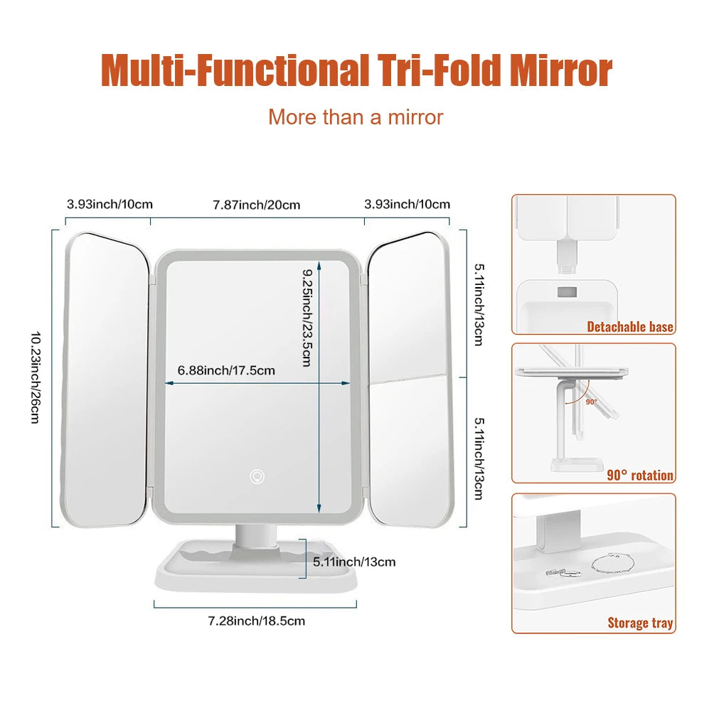 Purilite Select Trifold Makeup Mirror LED Lights | Smart Beauty Light-Up Mirror | Dorm Dressing and Complementary Fill Light