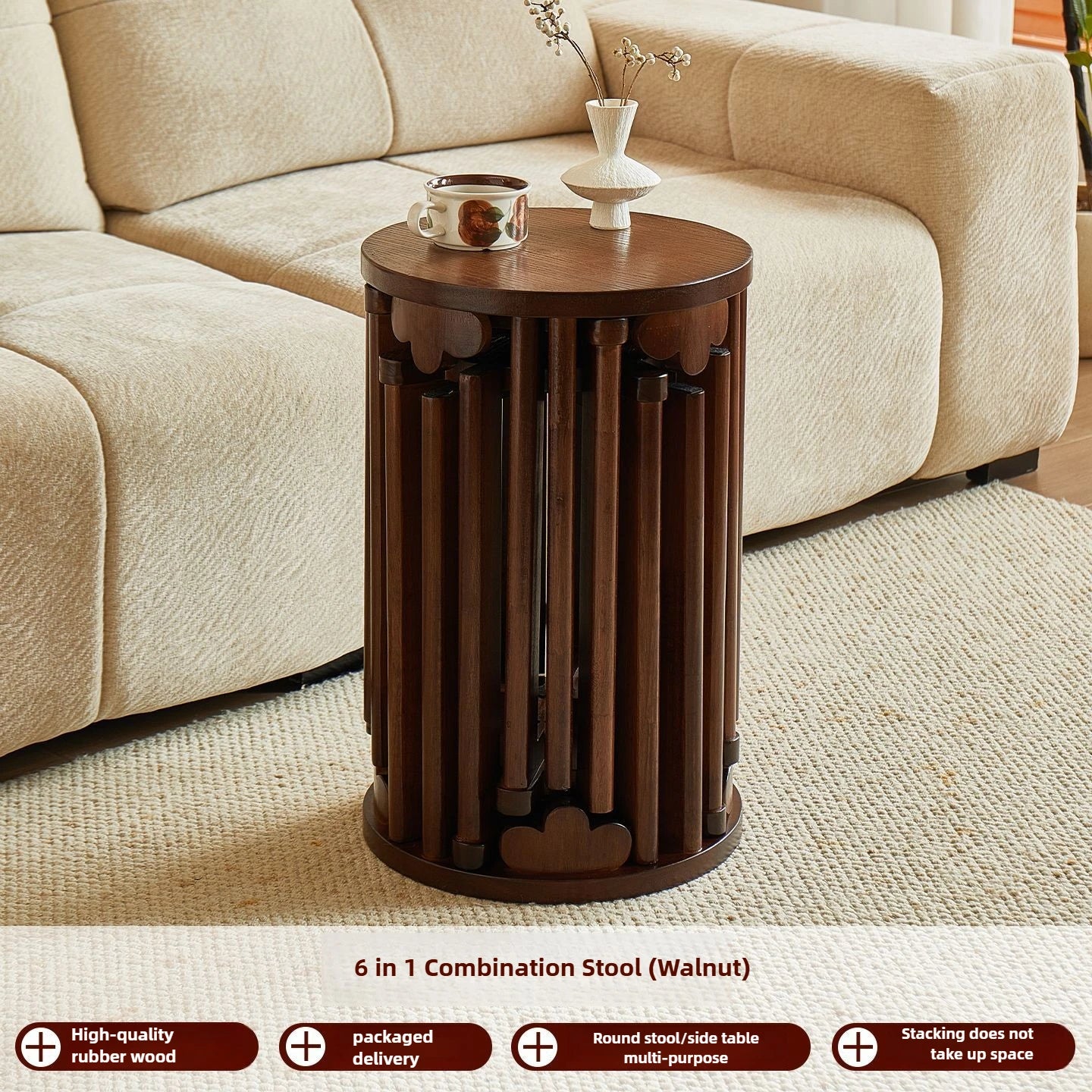 Purilite Select Solid Wood Round Stool | Stackable Dining Table Stool | Living Room Coffee Table Small Chair